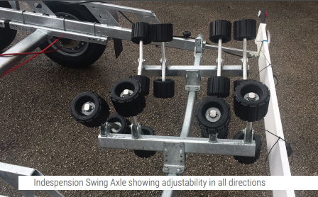 A trailer with Indespension Swing Axle showing adjustability in all directions